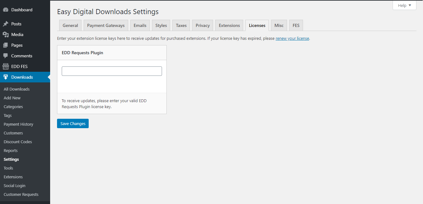 Add here the License Key of your EDD Requests Plugin.
