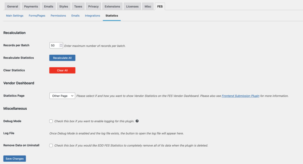 FES Statistics Settings Page