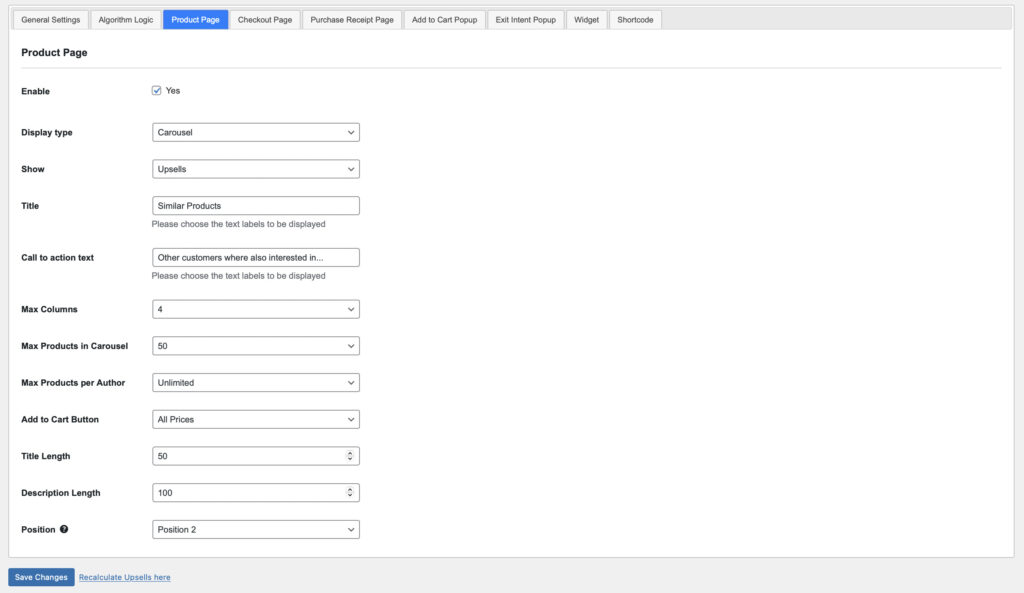 Product Page Settings