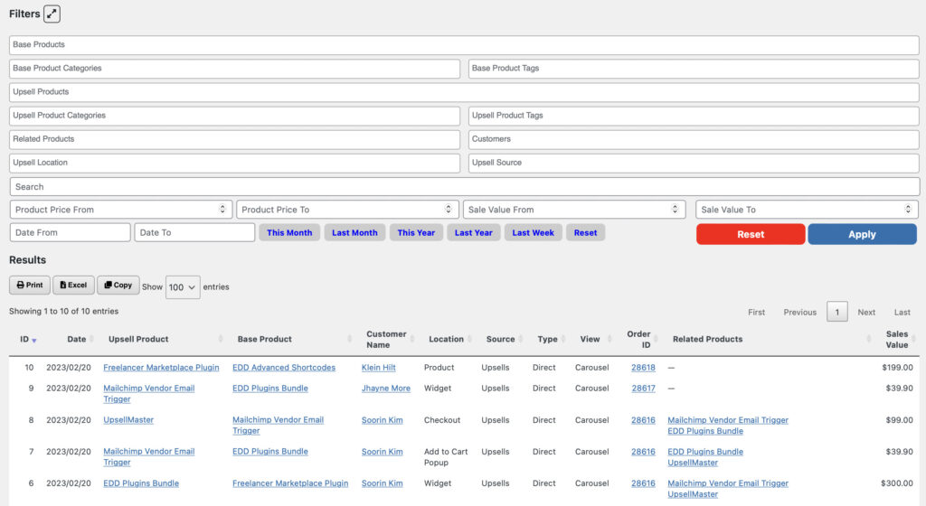 Upsell Reports Filters