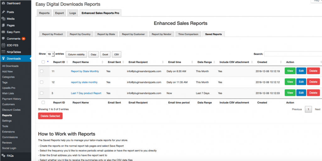 EDD Enhanced Sales Reports Pro Plugin List of Saved Reports