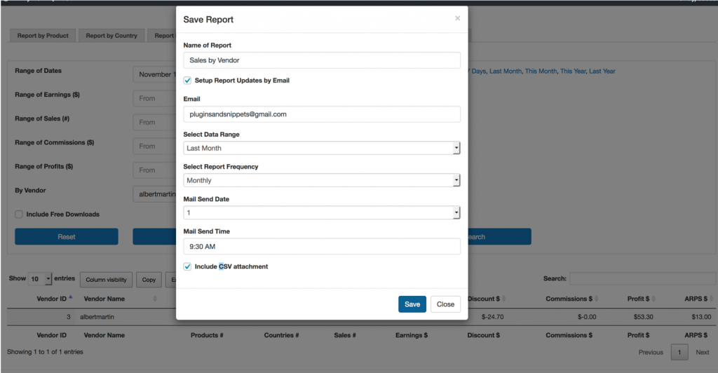 EDD Enhanced Sales Reports Pro Plugin Saving a Report