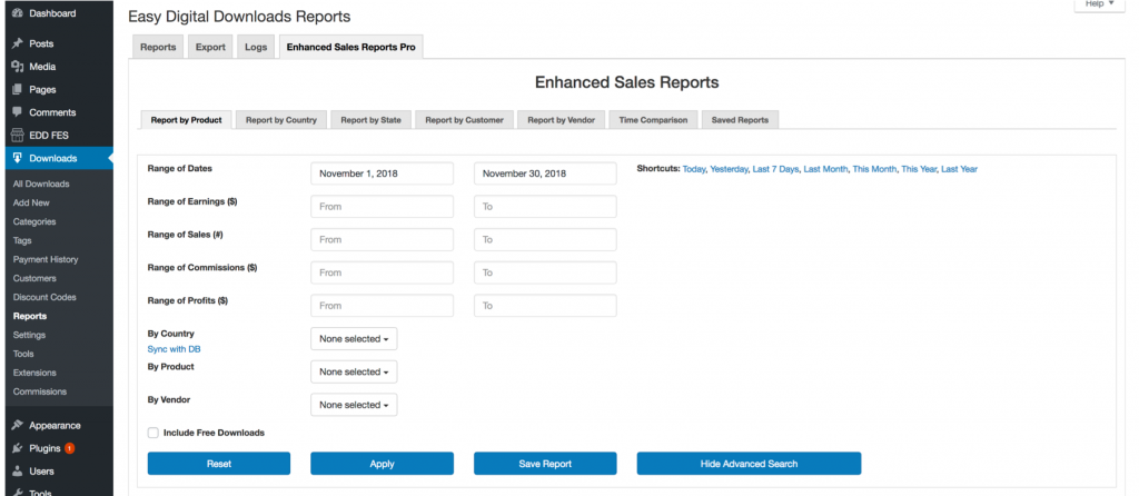 EDD Enhanced Sales Reports Pro Plugin Search Filters