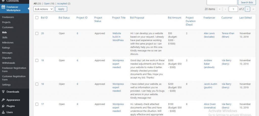 Freelancer Marketplace Plugin Bids List at Backend