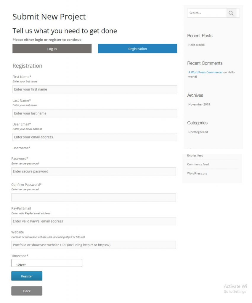 Freelancer Marketplace Plugin Customer Registration Form