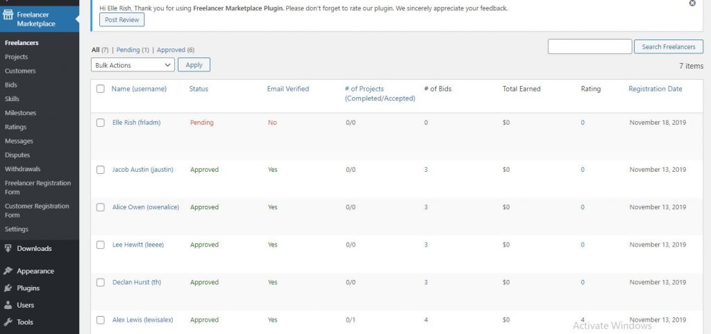 Freelancer Marketplace Plugin Freelancer List at Backend | Freelancer Marketplace Plugin Freelancer List at Backend