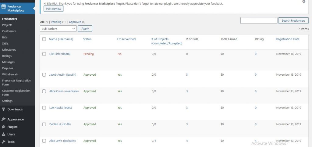 Freelancer Marketplace Plugin Freelancer List at Backend