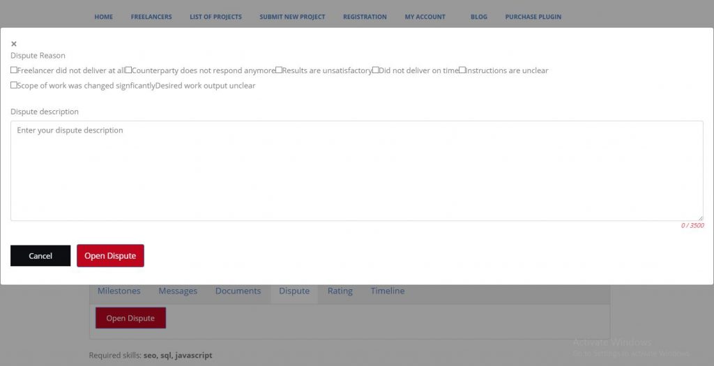 Freelancer Marketplace Plugin Opening a Dispute