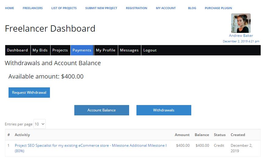 Freelancer Marketplace Plugin Freelancer Dashboard Payments Tab