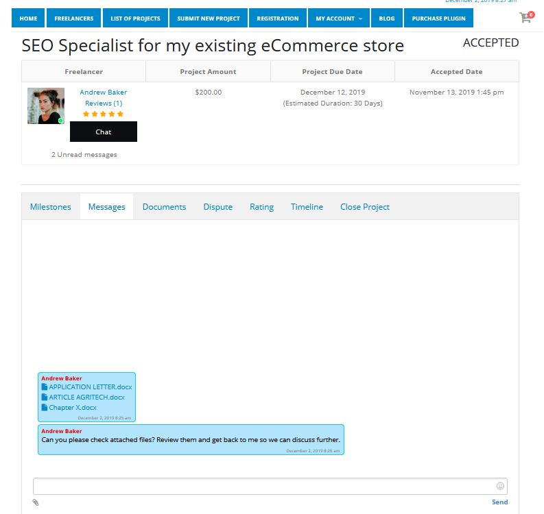 Freelancer Marketplace Plugin Project Messages View