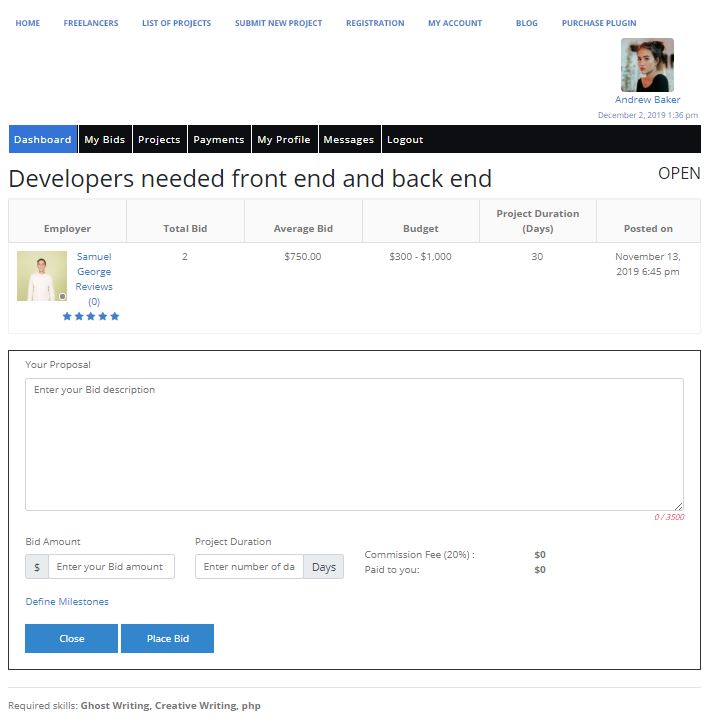 Freelancer Marketplace Plugin Submitting a Bid